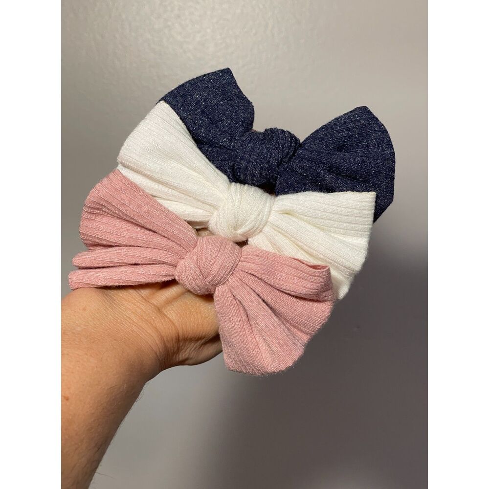 Boutique Hair Bow Nylon Headband Bundle of 3 | Baby Girl Blue Pink White OSFM